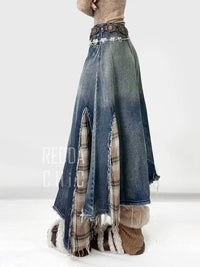 Reddachic Irregular Patchwork Plaid Denim Skirt Women Do Old Gradient Overlay Waist Maxi Long Jeans Skirt Y2K Retro Streetwear