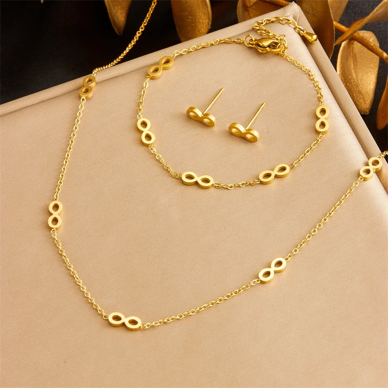 316L Stainless Steel Golden Infinite Necklace Bracelet Earrings Suit Women 2024 New Number Digit8 Non-Fading Jewelry Set