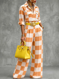 Yeezzi Women Fashion Orange White Plaid Matching Pants Loose High Waisted Wide Leg Office Casual Trousers Bottoms No Belt