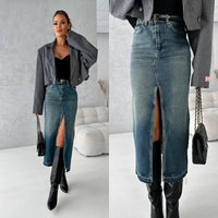 Streetwear Women Vintage Denim Long Skirt Slim High Waist Washed Distressed Button Pockets a Line Casual Female Split Skirts