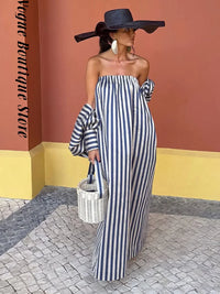 Elegant Stripe Long Dress Women Loose Full Sleeve off Shoulder Slash Neck Party Dresses Female 2026 Fashion Summer Robe