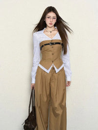Autumn Korean Style Fake Two Piece Splicing Slim Fit Long Sleeve Shirt High Waist Wide Leg Pants Set Two Piece Set Women Outfits