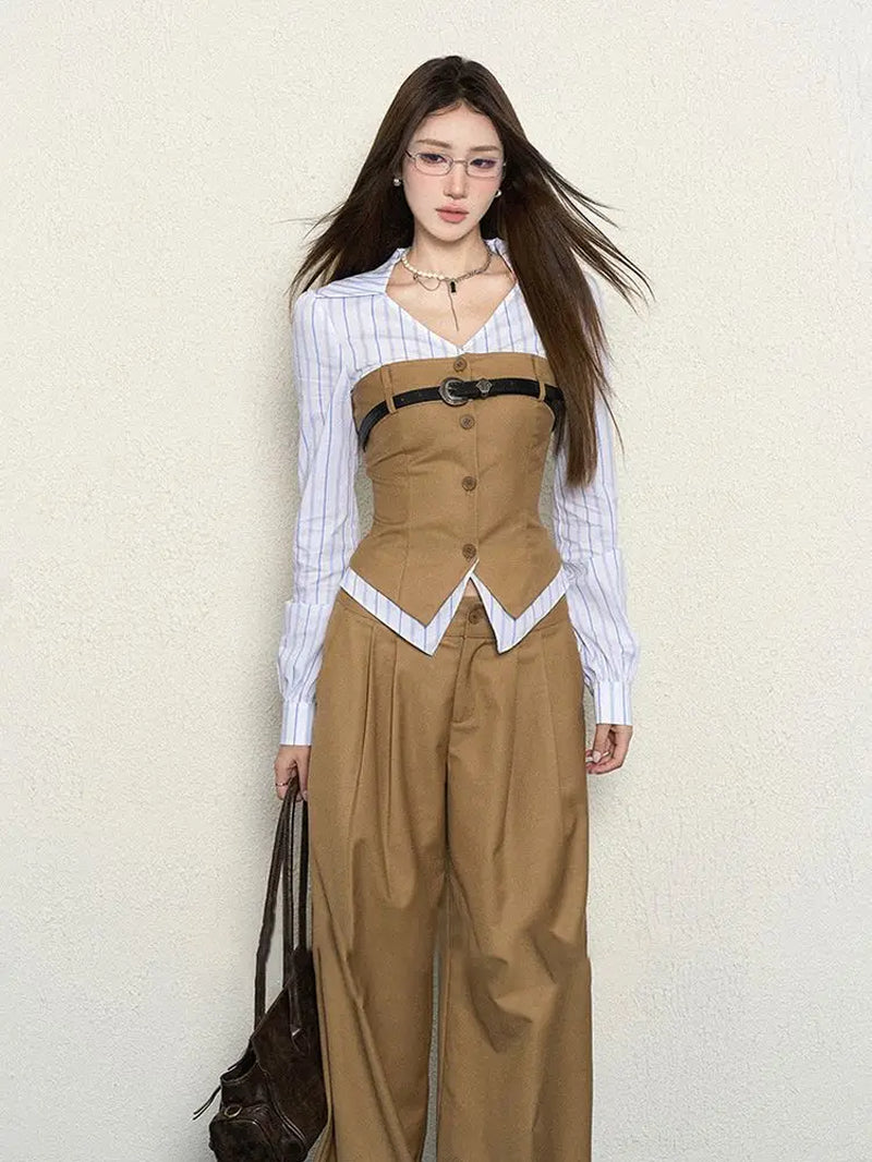 Autumn Korean Style Fake Two Piece Splicing Slim Fit Long Sleeve Shirt High Waist Wide Leg Pants Set Two Piece Set Women Outfits