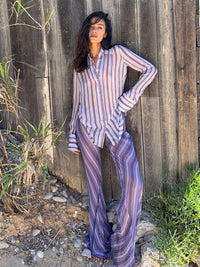 Women Purple Stripe Sheer Shirt Wide Leg Pants 2 Piece Set Lapel Loose Vacation Outfit Suit Fashion Outdoor Travel Daily Outfit