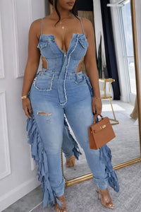 Combinaison Denim Femme Élégante à Franges – Jean Ajouré Chic & Tendance