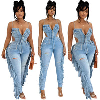 Combinaison Denim Femme Élégante à Franges – Jean Ajouré Chic & Tendance
