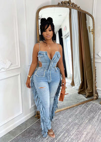 Combinaison Denim Femme Élégante à Franges – Jean Ajouré Chic & Tendance