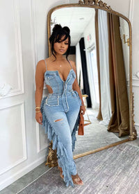 Combinaison Denim Femme Élégante à Franges – Jean Ajouré Chic & Tendance