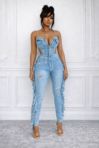 Combinaison Denim Femme Élégante à Franges – Jean Ajouré Chic & Tendance