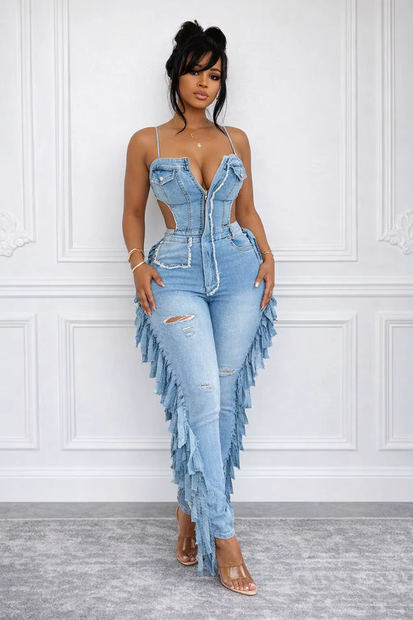 Combinaison Denim Femme Élégante à Franges – Jean Ajouré Chic & Tendance