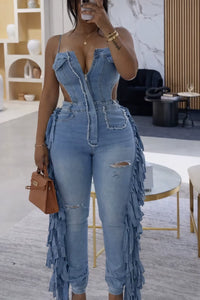 Combinaison Denim Femme Élégante à Franges – Jean Ajouré Chic & Tendance