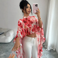 2026 Summer Women'S Stand Collar Printed Ruffle Chiffon Blouse Resort Style Flowing Cover-Up Summer Dresses 2026 Vestidos Boho