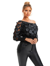 Applique Slant Shoulder Blouse, Elegant Long Sleeve Blouse for Spring & Fall Women'S Clothing