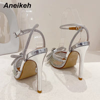 Aneikeh Fashion Transparent PVC Women Pumps Sexy Butterfly-Knot CRYSTAL High Heels Pointed Toe Wedding Prom Sandals Spring Shoes