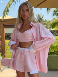 Fashion Loose Stripe Print Shorts Set 3 Piece Woman 2026 Elegant Long Sleeve Shirt + Tank Top with High Waist Shorts Set