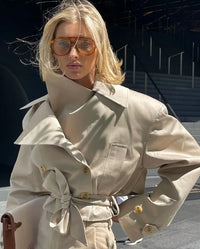 2025 New Women'S British Wind Trench Coat Style Double-Breasted Long Sleeve Belt Lapel Jacket Short Coat