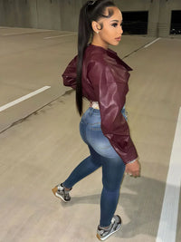 PU Leather Women Jackets Cool Simple Solid Full Sleeve Irregular Lapel Slim Crop Coats Female Casual Streetwear Outwear
