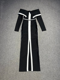 High Quality Women Long Sleeve Sexy off Shoulder Floor-Length Bandage Dress Celebrate Birthday Party White Stripe Black Outfits