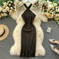 Elegant Solid Women'S Dresses Knitted V Neck Backless Elastic Dresses for Women Slim Bodycon Vestido De Mujer Outfits