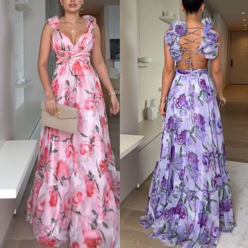 2026 New Bohemian Sexy Printed Women Dresses Halter Sleeveless Backless Naked Waist Long Dress Fashion Summer Beach Holiday Robe