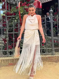 Women'S Fashion Embroidered Sexy Tassel Spliced Skirt Female Temperament High Waist Knot Asymmetrical Casual Midi Skirt