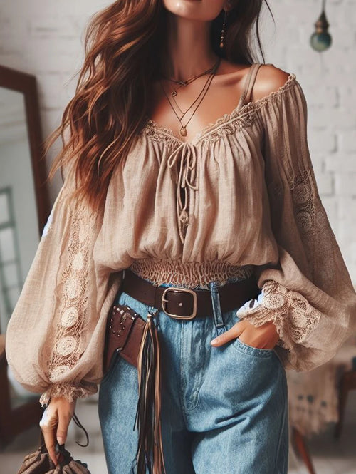 Women'S Boho Shirt off Shoulder Lace up Lantern Sleeve Vintage Sexy Sweet Cropped Blouse Top Hollow Out Casual Lace Blouse Tops