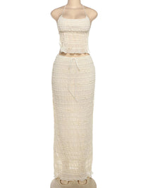 Mesh Backless 2 Piece Set Women Halter Lace-Up See through Crop Tops+Loose Elegant Long Skirts Vacation Trend Outfits