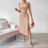 Fashion Dresses Women Solid Color Slant Neck Sleeveless Backless Dress Female Office Commuter Gown