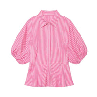 Women'S Striped Shirt New 2026 Spring Casual Short Puff Sleeve Lapel Collar Flared Hem Button Women Shirt & Blouses Female Tops