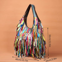 Colorful Real Sheepskin Shoulder Bags for Women Large Casual Slouchy Hobo Handbags Patchwork Leather Tassel Cross Body Purses