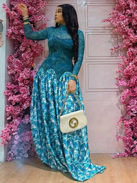 A Line Maxi Dress for Women Autumn Light Blue Long Sleeve Dress Slim Waist Mid-Turtleneck Chic Elegant Evening Dresses Ladies