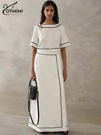 Oymimi Fashion White Cotton Two Piece Outfits Woman Elegant O-Neck Patchwork Short Sleeve Open Back Tops and Straight Skirts Set