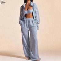 Oymimi Fashion Blue Print 3 Pieces Set for Woman Elegant Long Sleeve Button Shirts and Lace Bra + Pockets Straight Trousers Sets