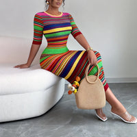 Women'S Rainbow Striped Crew Neck Sundress Short Sleeve Stretchy Knit Bodycon Maxi Dress Summer Daily Beach Vacation Party Dress