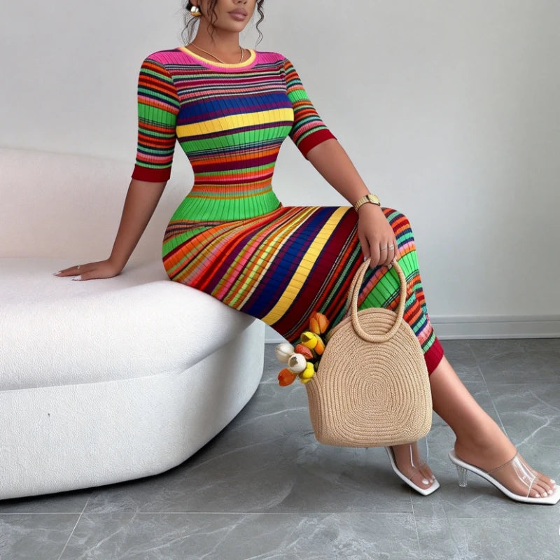 Women'S Rainbow Striped Crew Neck Sundress Short Sleeve Stretchy Knit Bodycon Maxi Dress Summer Daily Beach Vacation Party Dress
