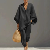 Casual V-Neck Two Piece Set Women Outfits Summer 2026 Fashion Loose Long Sleeve Tops and Wide Leg Pants Sets Suits Elegant