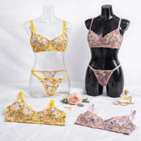 2-Piece Fashion Floral Lingerie Set Sheer Embroidery Underwear Intimates Versatile Underwire Push-Up Bra Panty Set for Lady Girl