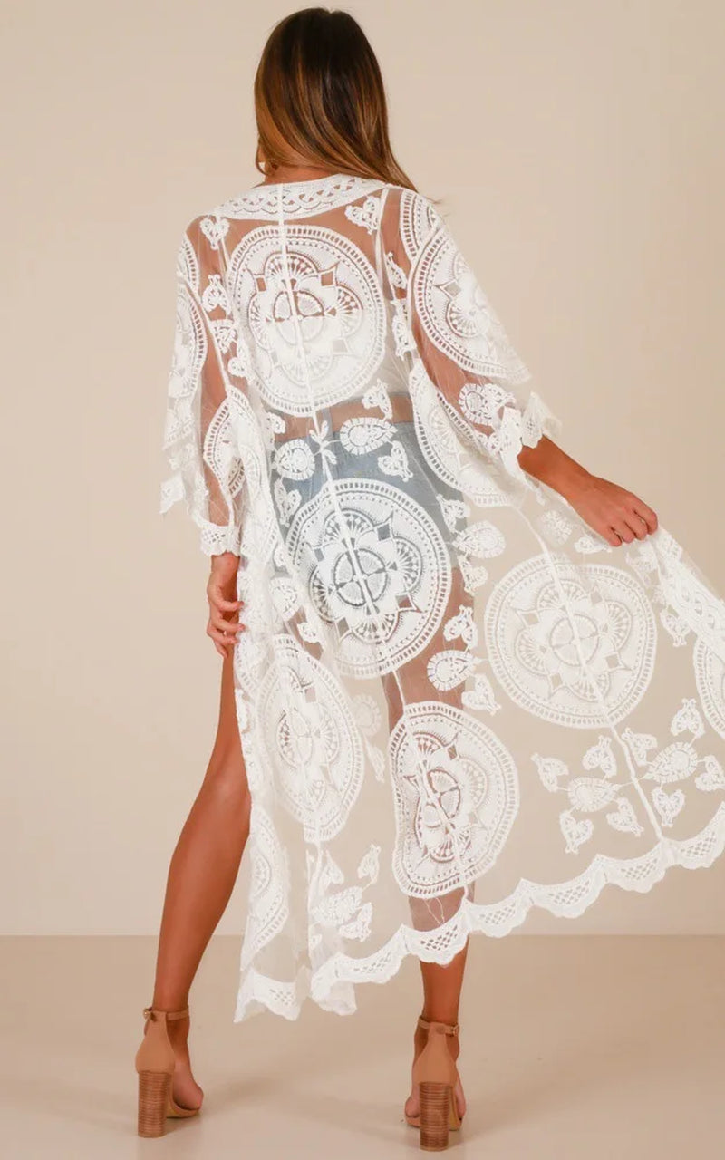 Sexy See through Long Lace Blouse Women Bikini Cover up Sheer Vintage Summer Cardigan Boho Beach Kaftan Robe Vestidos