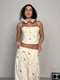 Sexy Women'S Sling Set Hollow Out Lace up Corset Wide Leg Pants Female Stripe Sets 2026 Summer High Street New Fashion Lady Suit
