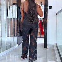 Sexy Lace Spliced Satin Sleeveless Tops Pants Matching Sets Fashion Solid Color Slim Two Piece Sets Elegant Lady Hollow Out Sets