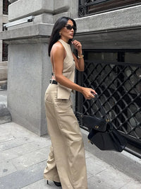 Women'S Solid Sleeveless Backless Buttoned Lace up Top & Wide-Leg Pants Two-Piece Set Spring Summer Casual Outings Street Style