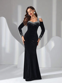 TOLEEN Women'S Elegant Velvet Dress with Bow Tie Backless Design 2024 New Luxury Diamond Formal Party Evening Prom Maxi Dresses
