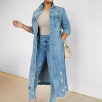Women Long Denim Jacket Hole Overcoat Single Breasted Pockets Turn down Collar Female Streetwear Vintage Jean Outerwear