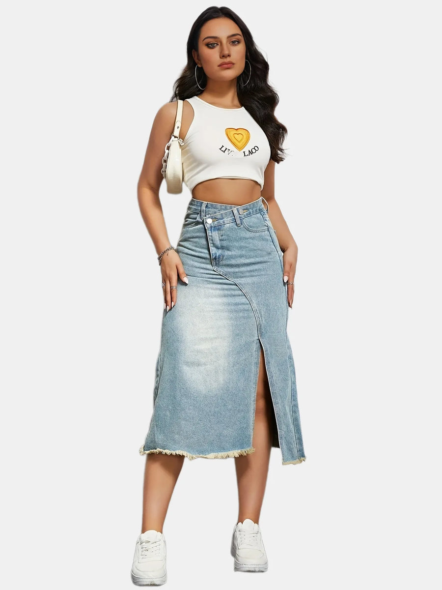 2026 Long Skirt Women Denim Skirts Split High Waist Distressed Washed Button Pockets Summer Punk Streetwear Y2K Vintage a Line