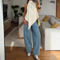 Sexy Solid Satin Vests for Women Summer Elegant Sleeveless Asymmetrical Halter Loose Vests 2026 Lady Vacation Party Chic Tanks