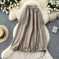 New Niche Design Women Denim Patchwork Khaki Midi Skirt Asymmetrical Waist Drawstring Hem Bubble Skirt Zipper Pockets SK8003
