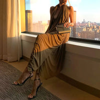 Women'S Backless Holiday Dresses Irregular Pleated Design Slim Party Dress Sexy Sleeveless Solid Color Summer Long Dress