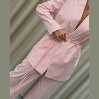 Pink Drawstring Waisted Two Piece Set Structured Shoulder Lapel Collar Jacket Wide Leg Pants 2026 Autumn Commute Fashion Outfits