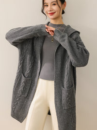New Women 100% Merino Wool Knitted Solid Color Hodded Long with Two Pockets Cardigan Thick Comfortable Top Warm Soft Clothing