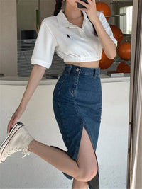 Women'S Midi Denim Skirt Spring Side Split High Wasit Jeans Skirts Straight Female A-Line Pencil Skirt 2023 New Summer